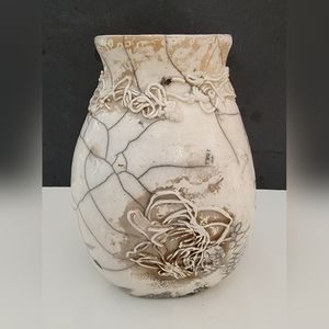 Vintage Raku Crackle Art Pottery Vase Brutalist Style 6.5"